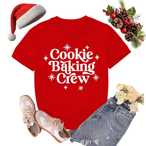 sallrue Christmas Shirts for Women Cookie Baking Crew Tshirts Xmas Holiday Cookie Tee Tops Red