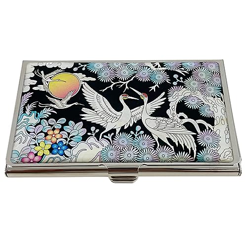Mother of Pearl Business Card Case Credit Id Name Holder Travel Wallet Art Painting Design Metal Stainless Steel Engraved Slim Purse Pocket Cash Money Wallet (Crane)2