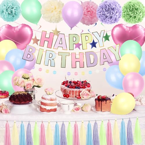 Image of Pastel Rainbow Party Decorations 50Pcs Pastel Birthday Decorations for Girl | with Happy Birthday Banner Balloons Paper Pom Poms Lantern Hanging Swirls Garland Ribbon Macaron Theme Party Supplies