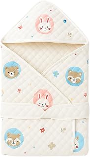 Minku Creations Muslin Knitted Cotton Blanket/Baby Towel Wrapper with Belt, White, Random Print, 80x80 cm, Pack of 1 Price In India