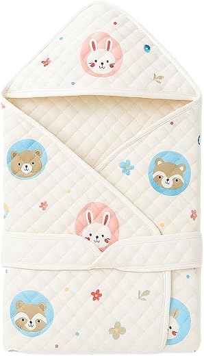 Minku Creations Muslin Knitted Cotton Blanket/Baby Towel Wrapper with Belt, White, Random Print, 80x80 cm, Pack of 1