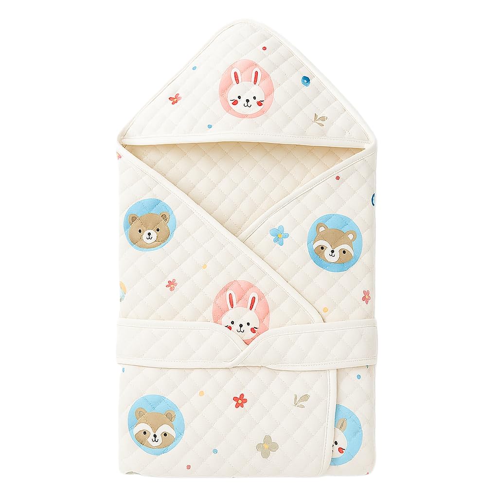 Muslin Hood Blanket/Towel Baby Wrapper with Belt, Cotton, White, Random Print, Pack of 1-image-41
