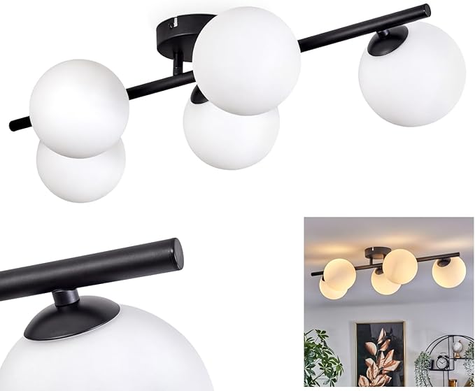 hofstein HOFSTEIN Plafondlamp Chehalis, plafondlamp van metaal/glas in zwart/wit, lamp in modern retro/vintage design met kappen van glas (Ø 12 cm), 5 x G9, zonder lamp