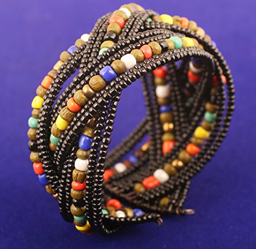 Image of Touchstone Indian Colorful Bead Bracelet Bollywood Beaten Metal Beads Openable Broad Cuff Bracelet in Gold or White Tone for Women.