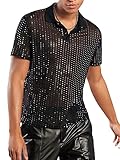 WDIRARA Men's Button Front Short Sleeve Collar Glitter Shirt Metallic Party Club Tops Black Sequin M