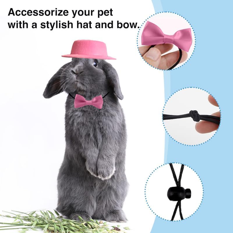 2pcs Guinea Pig Clothes Small Animal Bow Tie Pet Hat Costume Set Role Play Cute Pet Hat Bow Tie for Hamster Guinea Pig Rabbit Chinchilla Hedgehog（Pink hat + Pink Bow tie） image 4