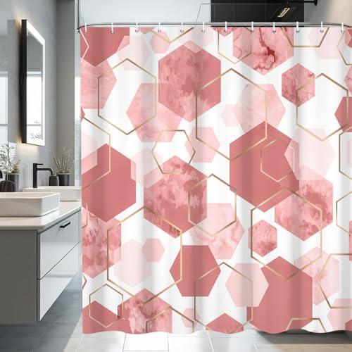 deFouliao Pink Shower Curtain Modern Abstract Geometric Grid Bathroom Curtain Sets for Bathtub Home Art Decor, Waterproof Fabric Washable with Hooks, 72x84 Inch