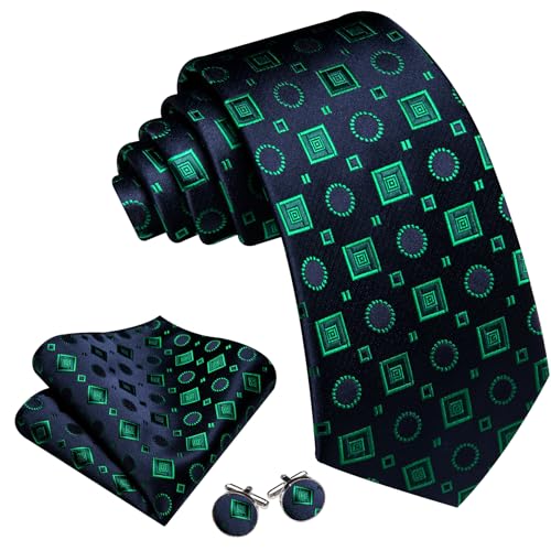 Image of Barry.Wang Plaid Ties Check Mens Necktie Set with Handkerchief Cufflinks Classic Stripe