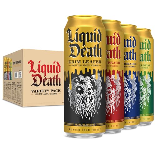 Liquid Death Iced Tea Variety 12-Pack (19.2 Oz Cans) (Grim Leafer, rest in Peach, Dead Billionaire, Green Guillotine)