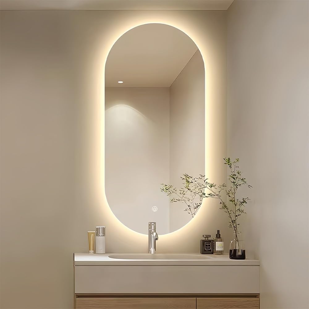 Decmiroor Espejo de Baño Pared con Luz LED, 120x70cm Ovalado Espejo Antivaho, 3 Colors Regulable Iluminación, Inteligente Espejo Retroiluminado con Interruptor Táctil(Vertical,20 * 32inch)