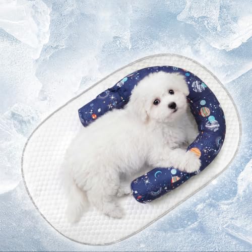 Supet Pet Cooling Mat for Cats and Small Dogs, Ice Silk Self-Cooling Pad with Memory Foam, Removable Pillow, Non-Slip Indoor Summer Bed, 28 x 20 in