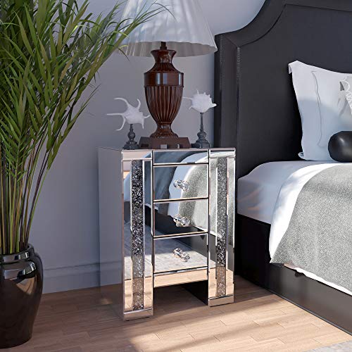 JAXPETY Sparkly Mirrored Crushed Crystal 3 Drawer Nightstand Bedside Table, Silver