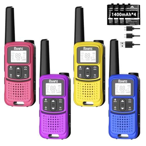 Radios Walkie Talkies Long Range: Rivins F22 Rechargeable Walkie Talkies for Adults, NOAA, 1400mAh Li-ion Battery USB-C Cable, LED Flashlight, VOX FRS Two Way Radio for Hiking Hunting, Camping, 4 Pack