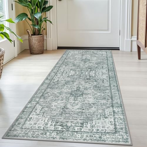 SIILOOM 2x5 Runner Rug for Hallways, Sage Green Ivory Non-Slip