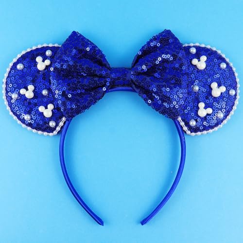 LIHELEI Mouse Ears Headband with Pearl Navy Sequins Mouse Ears Headbands for Halloween Costume Princess Party Hair Accessories for Women- Navy