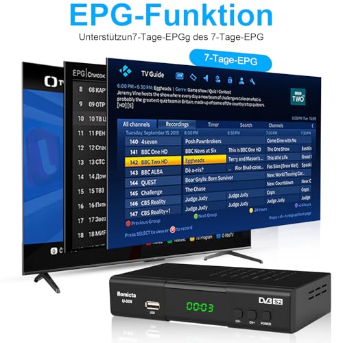 Romicta HD Receiver für Satelliten, Sat Receiver mit HDMI, DVB-S/S2, PVR, EPG, SCART, LAN, USB Mediaplayer, HDTV, YouTube, Wetter, Schwarz - HDTV Satelliten Receiver