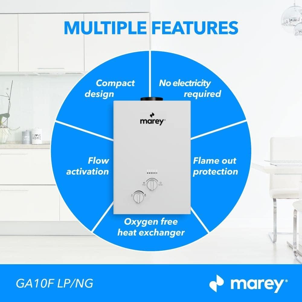 Graphic illustrating multiple features of the Marey GA10F LP/NG water heater