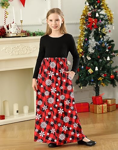 Image of KYMIDY Girl Maxi Dress Kids Casual Buffalo Check Plaid Long Sleeve Dresses with Pockets(6-14yrs)