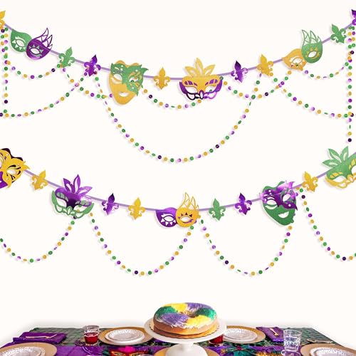 Cheerland Green Purple Gold Mardi Gras Mask Banner Paper Bead Garland Set for Mardi Gras Theme Party Decorations Triangle Flag Bunting for Fat Tuesday Party Supplies Carnival New Orleans Party Decor