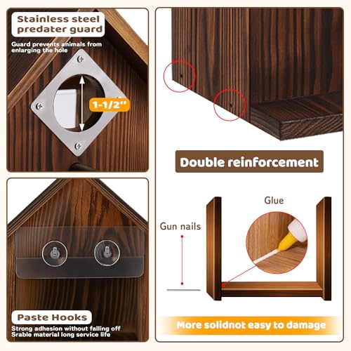 Window Bird Houses for Outside with Stainless Steel Guard, Birdhouse Cover Panel and Adhesive Hooks, Clear for Viewing Inside, Hanging Wooden Birdhouses for Outdoors, for Bluebird Finch Chickadee - Thumbnail 6