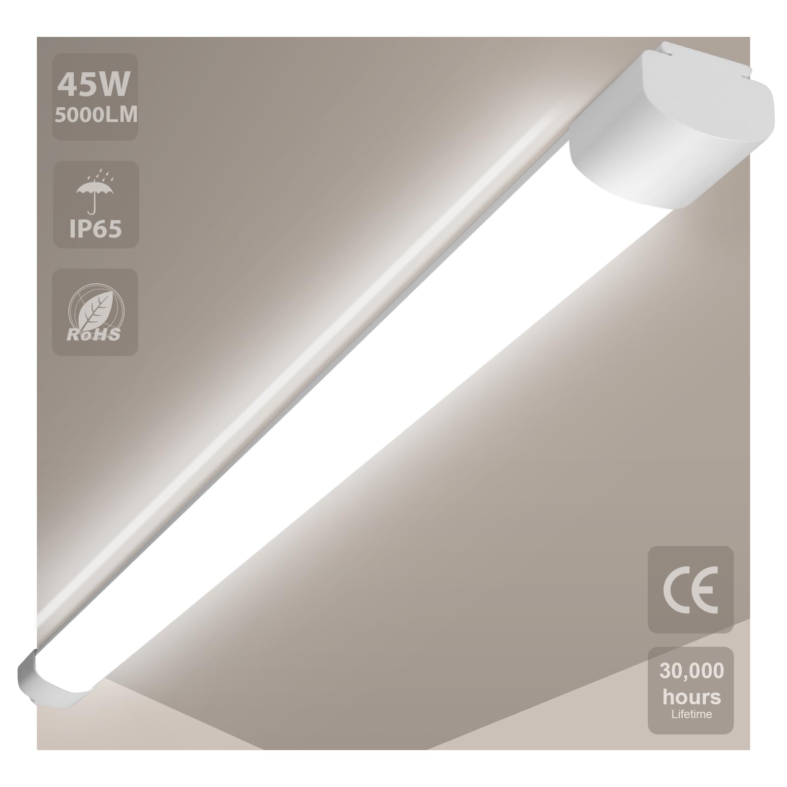 Lámpara LED para ambientes húmedos, tubo fluorescente, 45 W, 5000 lm, 4000 K, blanco neutro, 150 cm, ultrafina, IP65, resistente al agua, lámpara LED para habitaciones húmedas y oficina