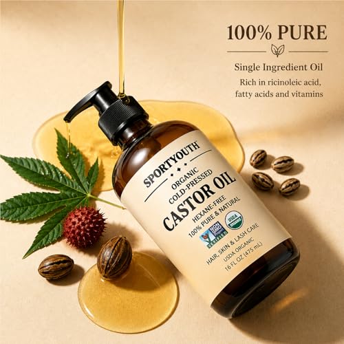 Image of SPORTYOUTH USDA Organic Castor Oil Cold Pressed Glass Bottle with Pump | 16oz, 100% Pure & Natural, Hexane Free, Non-GMO, Unrefined, Vegan Body Oil, for Hair, Lashes, Brows, Face, Skin, Massage