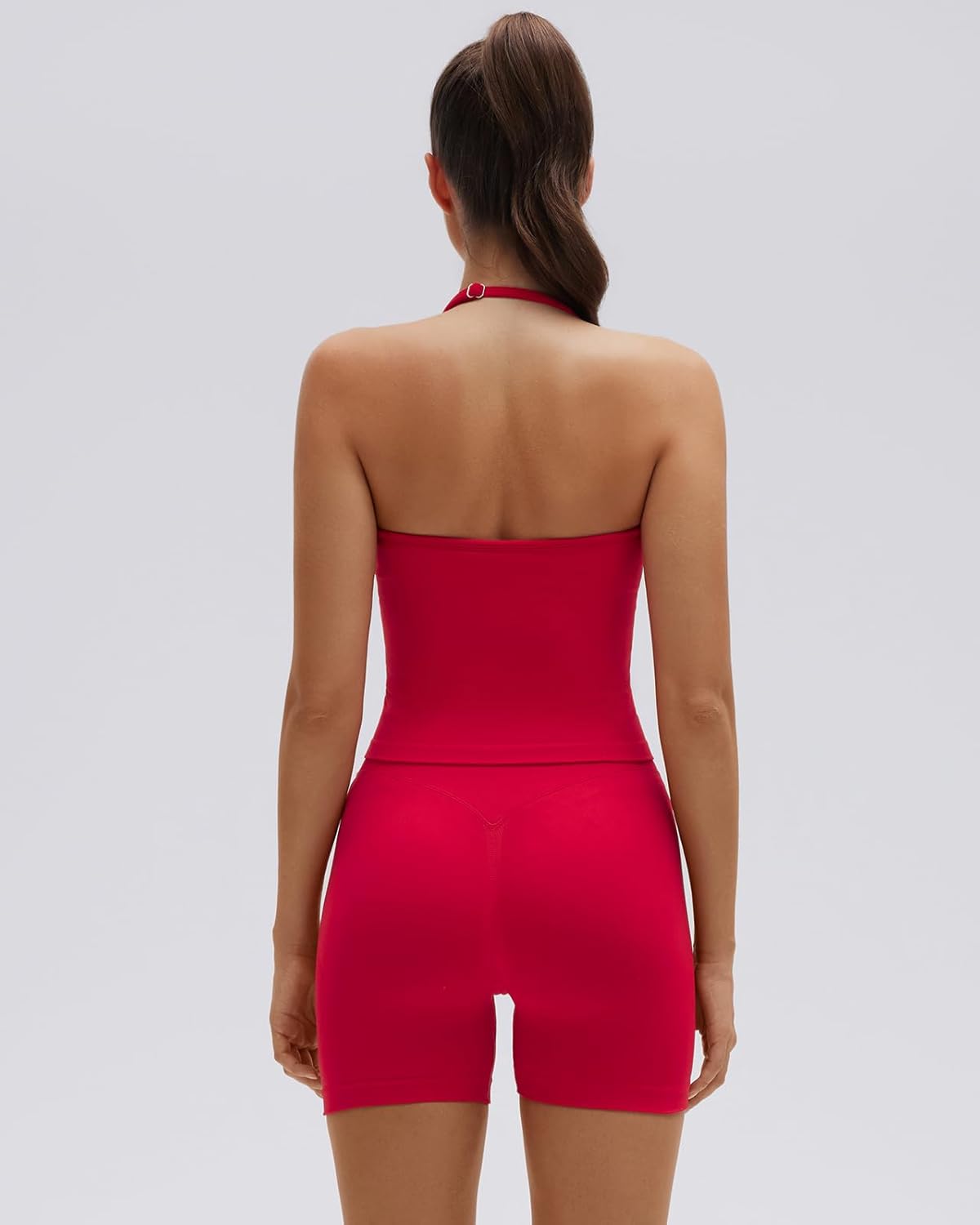 SUUKSESS Women 2 Piece Seamless workout Sets Halter Backless Impact Longline Strappy Tank Top Sport Gym Yoga Bike Shorts - Image 3