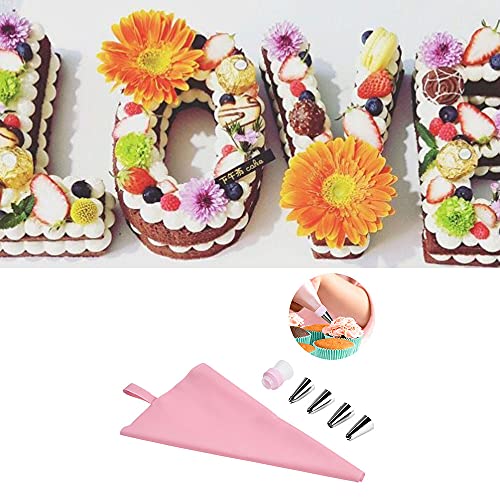 Alminionary Stencil per torte con lettere Love e sacchetto di pasticceria in silicone crema con 4 ugelli, 1 sacchetto riutilizzabile per tubazioni rosa, 1 convertitore