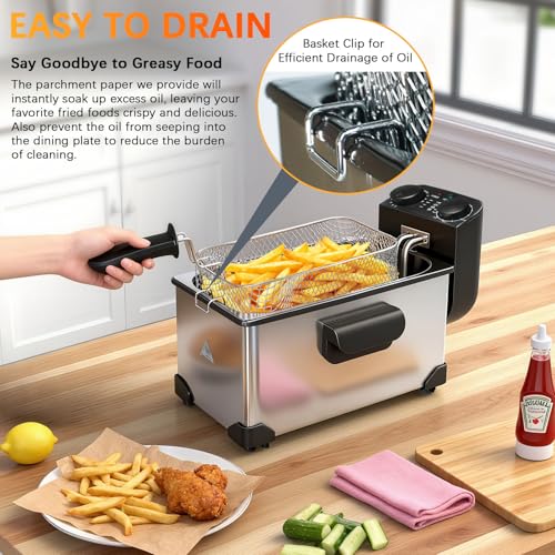 CATTLEMAN CUISINE Immersion Deep Fryer with Basket, 1600W, 3L Small Deep Fryer with Timer Control, Fryer Pot for Home Use, Temperature Control, Lid with Viewing Window, Stainless Steel Electric Fryer - Thumbnail 7
