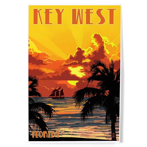 Lantern Press Key West, Florida, Sunset and Ship, 8x12 Inch Art Print Wall Decor