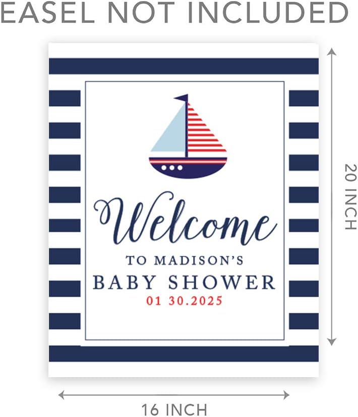 Andaz Press Personalized Large Canvas Baby Shower Welcome Sign, 16 x 20 Inches, Nautical Sail Boat, Guestbook Alternative, Custom Baby Shower Sign, for Nautical Baby Shower, Baby Sprinkle Theme