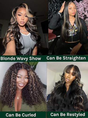 Image of KLAIYI Bye Bye Knots Glueless Wig Human Hair 13x4 Balayage Highlight 3D Body Wave Precut Lace Front Wig with Baby Hair Black Mix Blonde Brown Pre Plucked Pre Bleached Knots Wig 30S Easy to Wear 24Inch