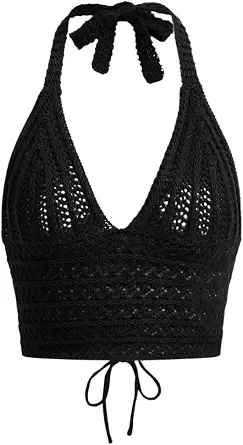 Naileksi Women's Lace-Up Backless Crochet Halter Crop Top