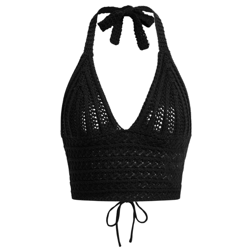 Women Lace Up Backless Crochet Crop Halter Top Y2k Slim Fit Sleeveless V Neck Self Tie Back Knit Crop Cami Top