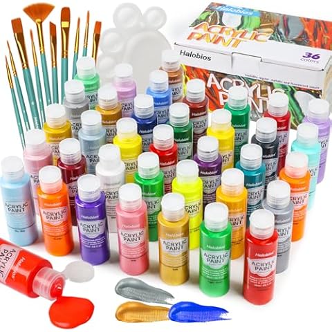 Halobios Acrylic Paint Set 36 Colors(2 fl oz/60 ml), Premium Acrylic Paints for Students & Adults, With Fluorescent Colors & Metallic Colors for Painting, Drawing & Art Supplies, DIY Arts and Crafts Cover