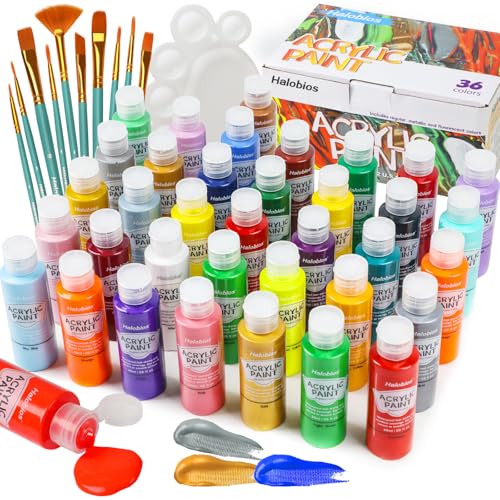 Halobios Acrylic Paint Set 36 Colors(2 fl oz/60 ml), Premium Acrylic Paints for Kids & Adults, With Fluorescent Colors & Metallic Colors for Painting, Drawing & Art Supplies, DIY Arts and Crafts
