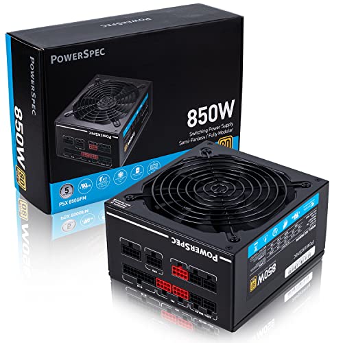 PowerSpec PSX850 GFM-NRGB, 850 Watt, Fully Modular Power Supply, 80+ Gold SLI/Crossfire Ready PSU Japanese Capacitors (Low Noise, Zero RPM Fan Mode, Compact Size) Black