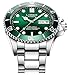 LOREO Mens Silver Stainless Steel Sapphire Glass Blue Rotating Bezel Men's Automatic Date Week Watch (Green)