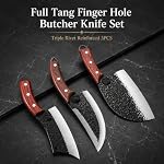 DRAGON RIOT Professional Butcher Knife Set for Meat Processing, 3Pcs High Carbon Steel Hand Forged Serbian Cleaver Chef Knife Set with Ergonomic Handles for Kitchen Outdoor Cooking