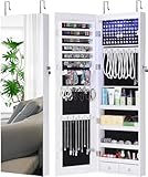GISSAR Full Length Mirror Jewelry Cabinet, 6 LEDs Jewelry Armoire Wall Mounted Over The Door Hanging, Jewelry Organizer Storage with Lights Lockable White