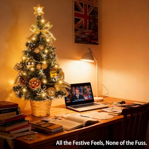 Mrinb 45CM Artificial Mini Christmas Tree with Battery Operated LED Lights, Includes Star, Baubles, Bows, Pine Cones, Tabletop Xmas Decor for Home, Office, Bar(Gold)