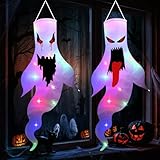Joycabin 2 Stück Halloween Geist Windsäcke mit LED Licht, Halloween Geist Windsock Flagge, 120cm Windsack HäNgen Dekoration für Terrasse, Innen Außen Garten Horror Mottoparty