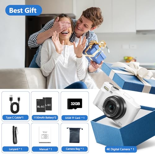 Image of Digital Camera for Photography, 4K Vlogging Camera for YouTube 3 inch 180 Flip Screen 18X Digital Zoom Compact Cameras with 32GB TF Card & 2 Batteries, White