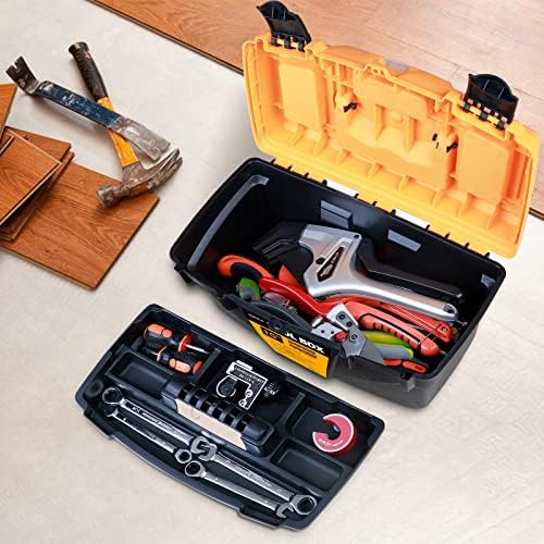 AIRAJ PRO Small Toolbox,15"Plastic Tool Box With Removable Tray, 3 Transparent Storage Room, 2 Hard Plastic Clips,Tool Storage Box for Household Tools, Toys, Decorations and Stationery