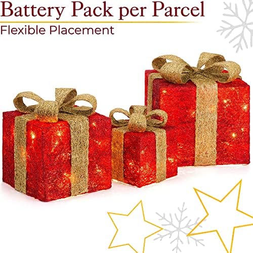 CHRISTOW Light Up Presents, LED Christmas Parcels, Glittery Parcel Lights, Sisal Present Decorations, Battery Operated with Timer (Set of 3 Red & Gold Boxes)