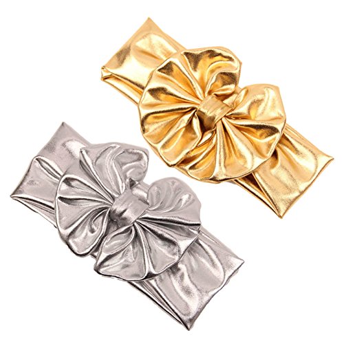 Baby Girls Bronzing Gilding Headband Floppy Metallic Messy Big Bows HeadWrap JA61 (Silver+Gold)