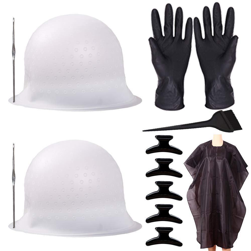2 PCS Silicone Highlight Caps for Coloring Hair with Hook Kit Professional Reusable Hairdressing Dyeing Staining Cap Set for Women Men