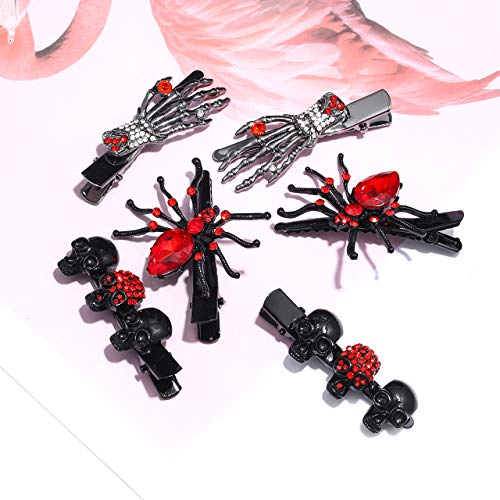 Halloween Hair Clips Set For Woman Girls Sparkling Rhinestone Spider Skeleton Skull Hands Bone Hair Clips Horror Spider Skull Hands Hairpins Party Hair Accessories (Skull Hand Spider) #TOP6