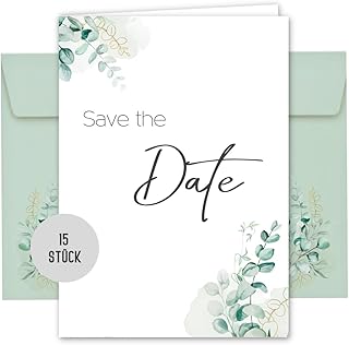 15 Save the Date Karten inkl. Umschlag für Hochzeit, Standesamt, Geburtstag, Baby, Kommunion, Jugendweihe, Taufe | Karte Save the Date | Klappkarte DIN A6 (Eucalyptus)