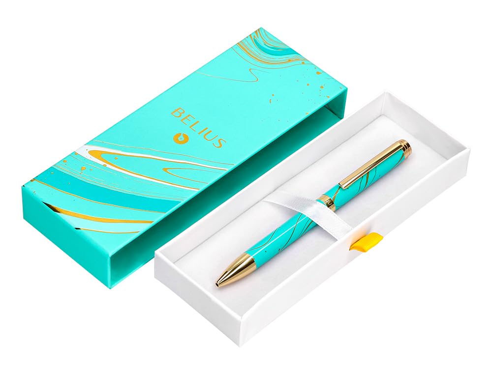 BELIUS PEN AQUA ALUMINIUM COLOR TURQUOISE AND GOLD INK BLUE DESIGN BOX